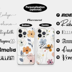 May include: Clear phone cases with floral designs. One case has the name "olivia" at the bottom, the other has "Richard" in the center. The image shows font options and personalization details.