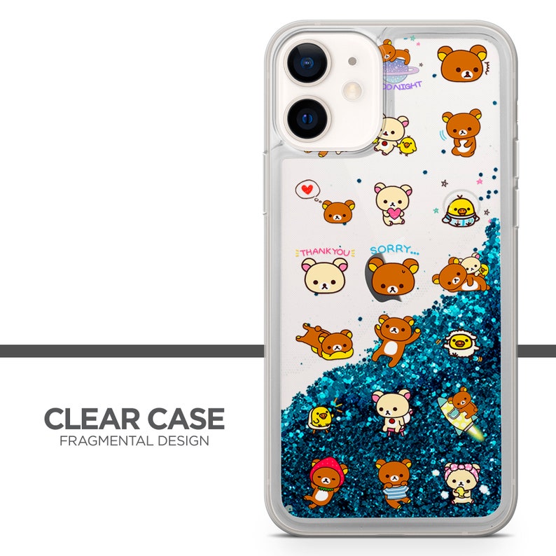 May include: A clear phone case with a blue glitter design. The case features a variety of cute cartoon bears with different expressions and phrases like "Thank You" and "Sorry".