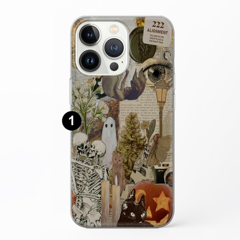 May include: A clear phone case with a collage of vintage images, including a skeleton, a ghost, a cat, a pumpkin, and a fairy. The text "222 Alignment You are in the right place at the right time" is printed on the case.