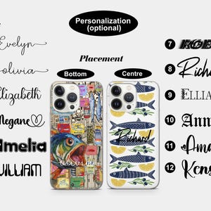 May include: Two phone cases. One has a colourful fish design with the name "olivia". The other features a pattern of fish, lemons, and olives, with the name "Richard". The image also shows font options and personalization details.