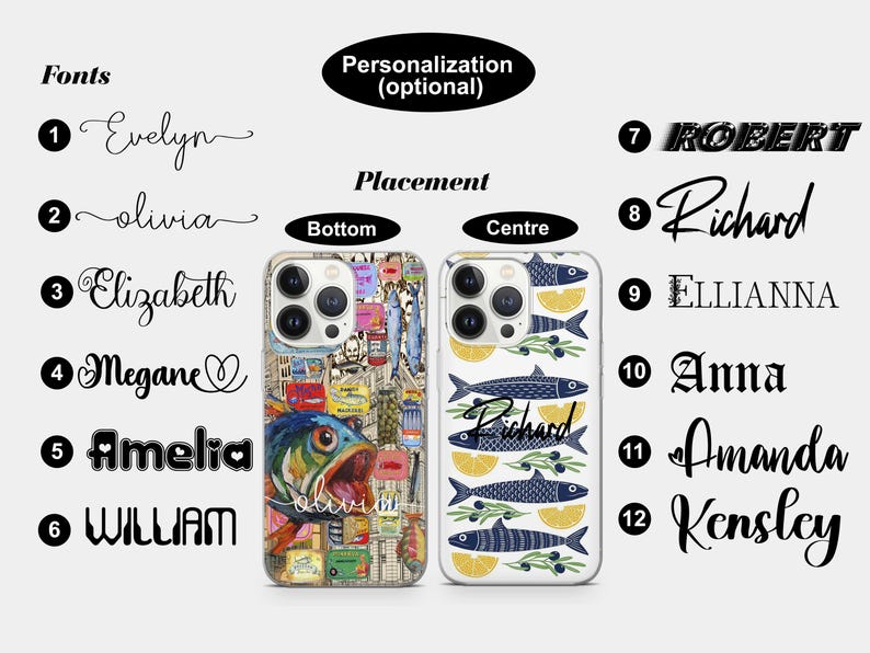 May include: Two phone cases. One has a colourful fish design with the name "olivia". The other features a pattern of fish, lemons, and olives, with the name "Richard". The image also shows font options and personalization details.