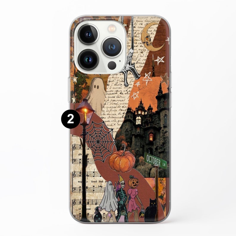 May include: A clear phone case with a collage of Halloween-themed images. The images include a ghost, a spiderweb, a pumpkin, a haunted house, and a street sign that says "October Ln".