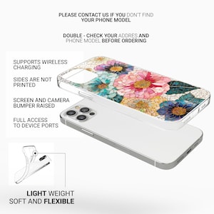 May include: A clear phone case with a floral design featuring pink, blue, and yellow flowers. The case is shown on top of a white phone. Text on the case reads: "SUPPORTS WIRELESS CHARGING", "SIDES ARE NOT PRINTED", "SCREEN AND CAMERA BUMPER RAISED", "FULL ACCESS TO DEVICE PORTS", "LIGHT WEIGHT SOFT AND FLEXIBLE".