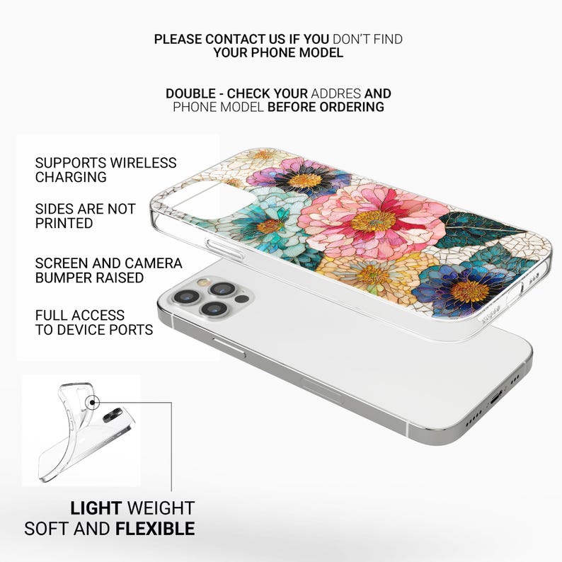 May include: A clear phone case with a floral design featuring pink, blue, and yellow flowers. The case is shown on top of a white phone. Text on the case reads: "SUPPORTS WIRELESS CHARGING", "SIDES ARE NOT PRINTED", "SCREEN AND CAMERA BUMPER RAISED", "FULL ACCESS TO DEVICE PORTS", "LIGHT WEIGHT SOFT AND FLEXIBLE".