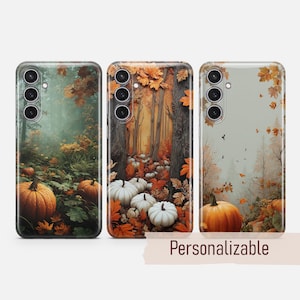 May include: Three phone cases with autumnal designs. The cases display images of pumpkins, forests, and fall foliage in shades of orange, brown, and green. The word "Personalizable" is displayed on a tan banner.