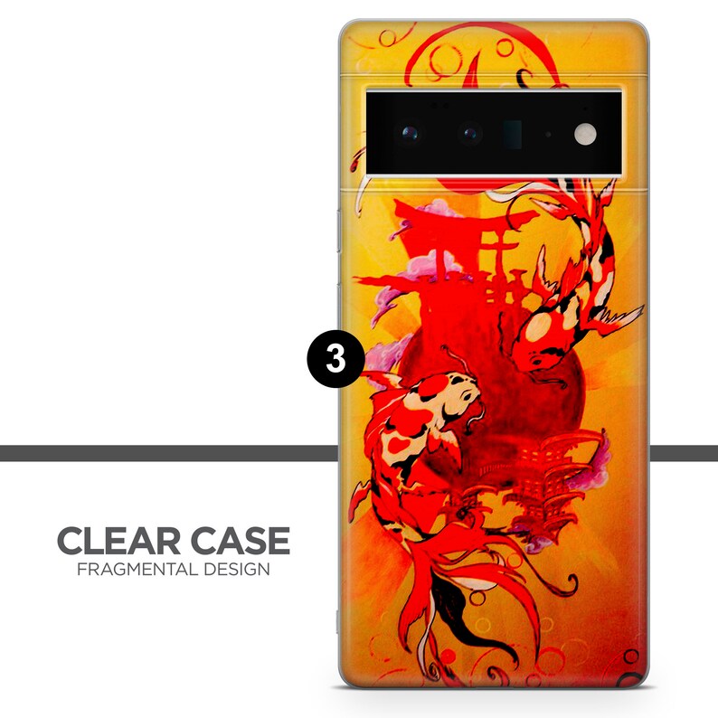 May include: A clear phone case with a colorful design featuring two red and gold koi fish swimming around a red Japanese temple. The background is a yellow and orange gradient.