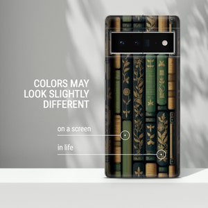May include: A phone case featuring a design of stacked books in shades of green, brown, and black, with gold floral accents. The text "COLORS MAY LOOK SLIGHTLY DIFFERENT" is displayed on the left side of the image.