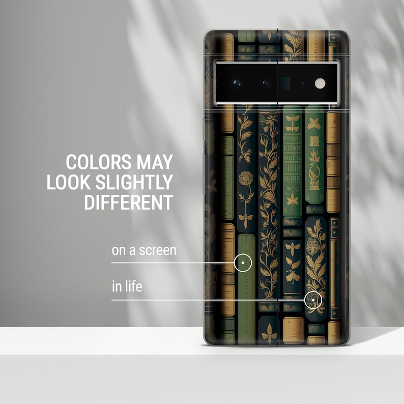May include: A phone case featuring a design of stacked books in shades of green, brown, and black, with gold floral accents. The text "COLORS MAY LOOK SLIGHTLY DIFFERENT" is displayed on the left side of the image.