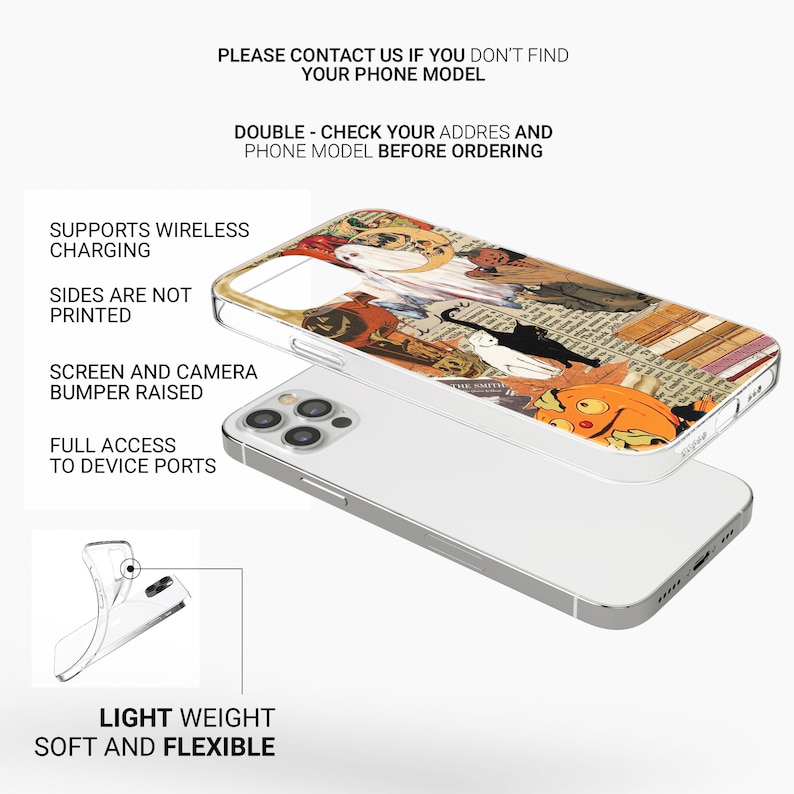May include: A clear phone case with a Halloween-themed design featuring a collage of images including a ghost, a cat, a pumpkin, and vintage book pages. The case is compatible with wireless charging and has raised edges to protect the screen and camera.