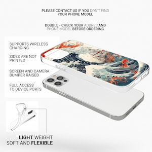 Puede incluir: Una funda transparente para tel&eacute;fono con un dise&ntilde;o de ola japonesa colorido. La funda es compatible con la carga inal&aacute;mbrica y tiene bordes elevados para proteger la pantalla y la c&aacute;mara.