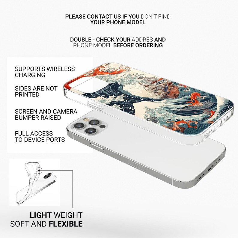 Puede incluir: Una funda transparente para tel&eacute;fono con un dise&ntilde;o de ola japonesa colorido. La funda es compatible con la carga inal&aacute;mbrica y tiene bordes elevados para proteger la pantalla y la c&aacute;mara.
