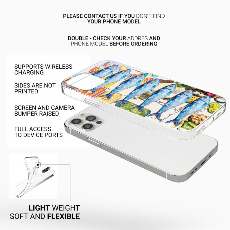 May include: A clear phone case with a design of blue fish. The case is shown on a white phone, with text that reads "PLEASE CONTACT US IF YOU DON'T FIND YOUR PHONE MODEL" and "LIGHT WEIGHT SOFT AND FLEXIBLE".