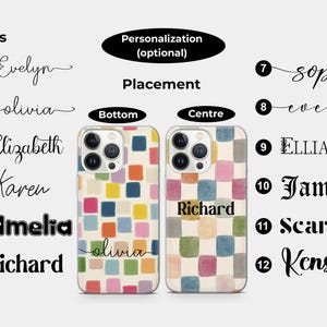 May include: Two phone cases with a colorful square pattern. One case has the name "olivia" at the bottom, and the other has "Richard" in the center. The image also shows different font options for personalization.
