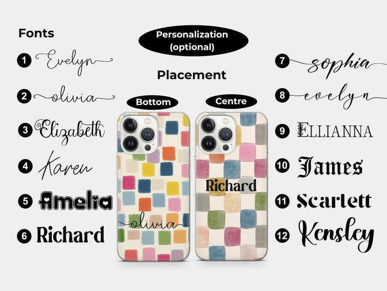 May include: Two phone cases with a colorful square pattern. One case has the name "olivia" at the bottom, and the other has "Richard" in the center. The image also shows different font options for personalization.