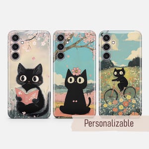 May include: Three phone cases with different designs featuring black cats. The first case has a black cat reading a book, the second case has a black cat with a flower on its head, and the third case has a black cat riding a bicycle.