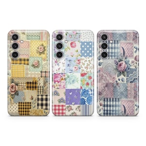 Può includere: Tre custodie per telefono con un design a patchwork che presenta motivi floreali, forme geometriche e una varietà di colori, tra cui rosa, blu, giallo e verde.