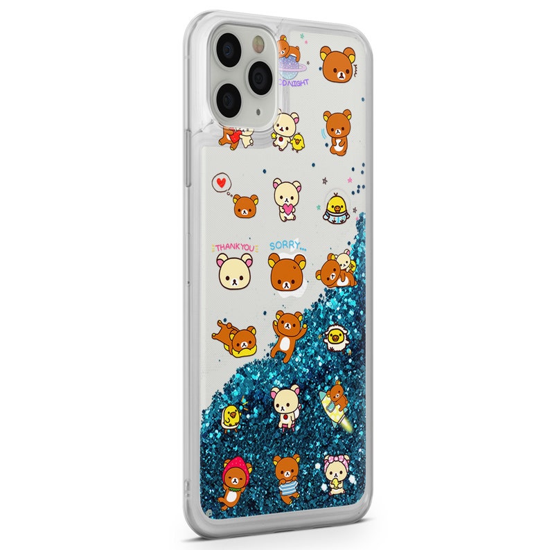 May include: A clear phone case with a blue glitter background and a variety of brown bear characters with different expressions and poses. The characters have text bubbles with phrases like "Thank You!" and "Sorry..."