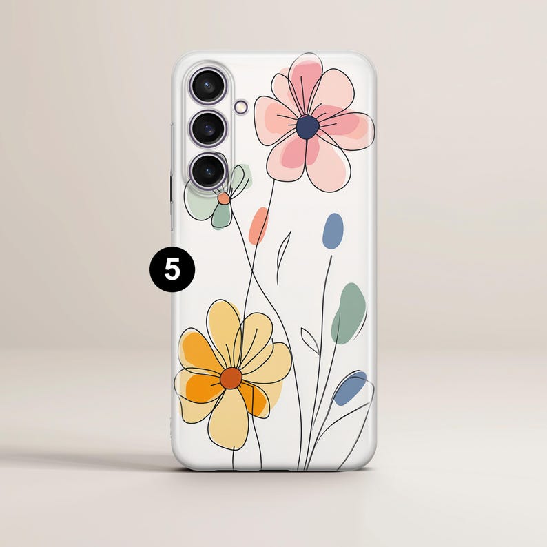 May include: A clear phone case featuring a floral line art design. The design includes pink, yellow, and green flowers with black outlines and colorful accents. The case has a camera cutout and the number "5" in a black circle.
