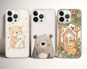 Cute Bear Phone case Kawaii cover fit for iPhone 15 Pro Max, 14, 13, 12, 11, XR, XS, 8+, Samsung S24, S23, S22 Fe, A14, A15, A53, A32