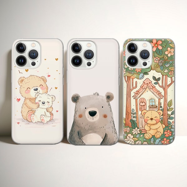 Cute Bear Phone case Kawaii cover fit for iPhone 15 Pro Max, 14, 13, 12, 11, XR, XS, 8+, Samsung S24, S23, S22 Fe, A14, A15, A53, A32