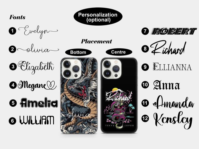 Pu&ograve; includere: Due custodie per iPhone con design diversi. La custodia a sinistra presenta un drago nero con un contorno dorato su sfondo nero. La custodia a destra presenta un drago rosa con una montagna e un tramonto su sfondo nero. Entrambe le custodie hanno il testo "Tokyo Japan" stampato in basso. Il testo "Richard" &egrave; stampato sulla custodia a destra.