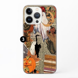 May include: A clear phone case with a collage of vintage Halloween imagery. The design features a black cat, a ghost, a jack-o-lantern, and a crescent moon. The case has a white background and is decorated with various text snippets.