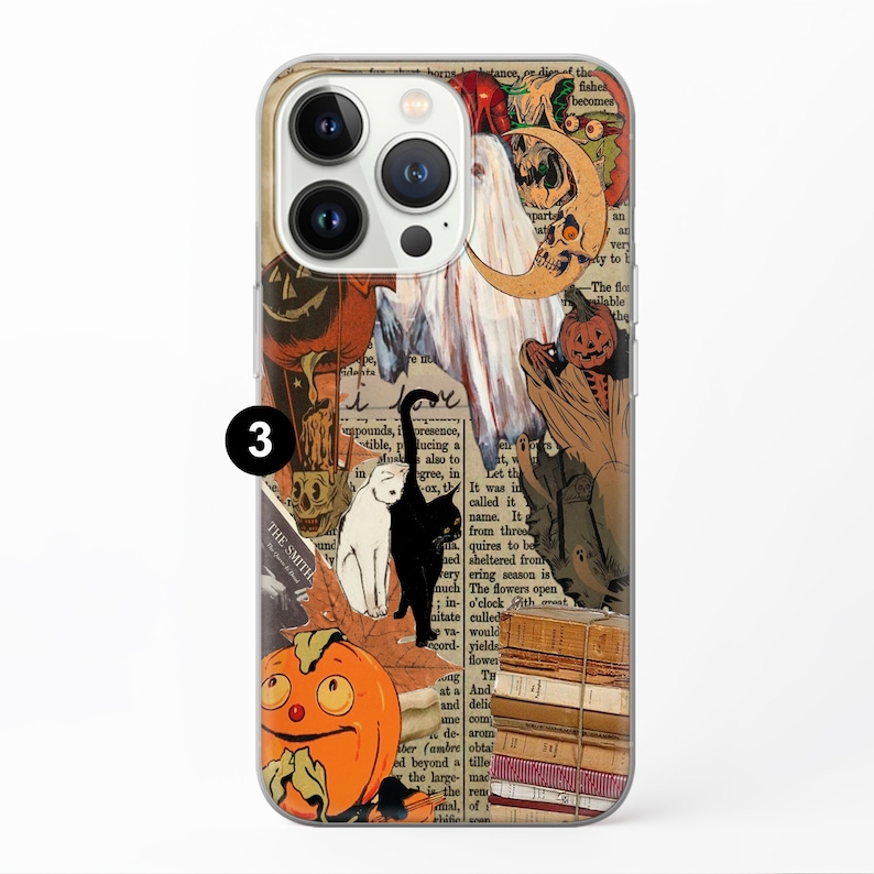 May include: A clear phone case with a collage of vintage Halloween imagery. The design features a black cat, a ghost, a jack-o-lantern, and a crescent moon. The case has a white background and is decorated with various text snippets.