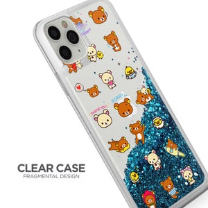 May include: Clear phone case with a blue glitter design and a variety of cute cartoon bears with different phrases. The case has a clear back and a raised lip around the camera lens.