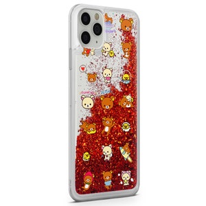 May include: Clear phone case with a red glitter background and a pattern of brown bears with different expressions. The bears are wearing different outfits, including a space suit, a crown, and a heart. The text "Thank You" is printed on the case.