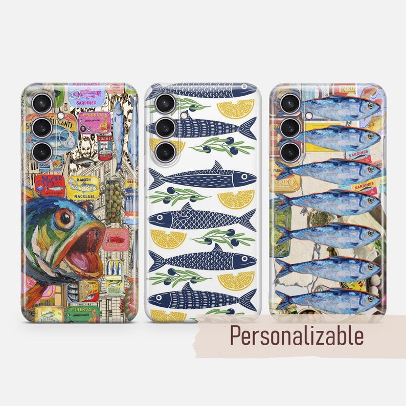 May include: Three phone cases with different designs. One case has a colourful fish and vintage labels. Another shows navy fish, lemon slices, and olive branches. The third displays blue fish illustrations. The word "Personalizable" is at the bottom.