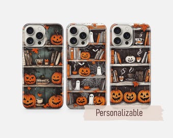 Halloween phone case Autumn Book Shelf cover fit for iPhone 17 16 15 14 13 12 Pro Max Xr Xs, Google Pixel 10 Pro XL 9 8 7 6, Samsung S26 S25