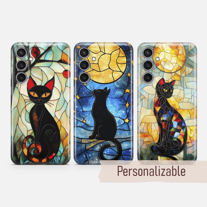 May include: Three phone cases with a stained glass design featuring black cats. The designs include a cat looking up at a yellow moon, a cat looking to the side, and a cat looking down. The cases are customizable.