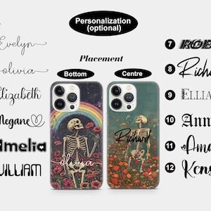 May include: Two iPhone cases featuring a floral and skeleton design. The case on the left has a rainbow and the text "olivia" at the bottom. The case on the right has the text "Richard" at the bottom. The image also shows a list of names in different fonts.