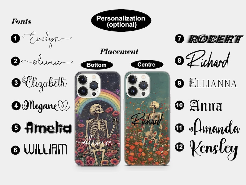 May include: Two iPhone cases featuring a floral and skeleton design. The case on the left has a rainbow and the text "olivia" at the bottom. The case on the right has the text "Richard" at the bottom. The image also shows a list of names in different fonts.