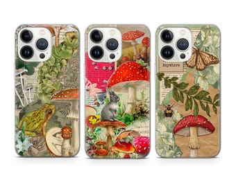 Cottagecore Phone case Mushroom Collage cover fit for iPhone 17 16 15 14 13 12 Pro Max Xr Xs, Google Pixel 10 Pro XL 9 8 7 6, Samsung S25