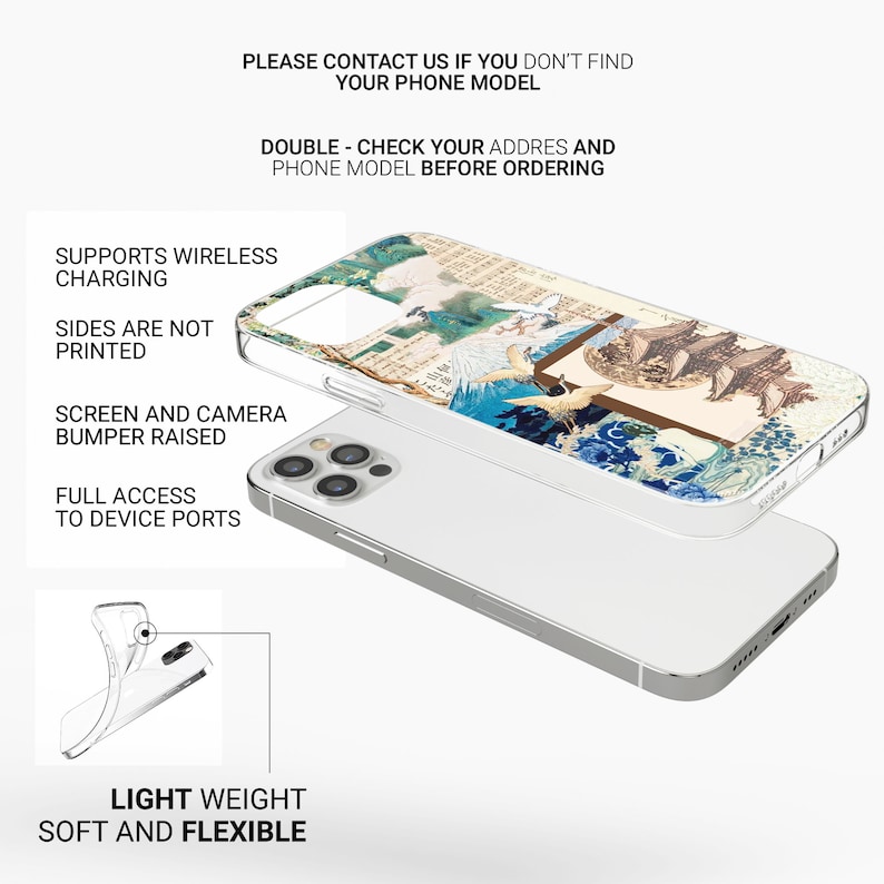 Op de afbeelding: Een transparante telefoonhoes met een verhoogde bumper voor extra bescherming. De hoes heeft een kleurrijk ontwerp met een Japanse ge&iuml;nspireerde print van vogels en golven. De tekst "Supports wireless charging" is zichtbaar aan de linkerkant van de afbeelding.
