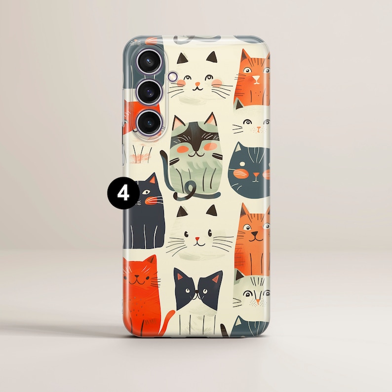 May include: A phone case with a white background and a repeating pattern of colorful cats. The cats are in various poses and have different facial expressions. The case has a clear back and a black camera housing.