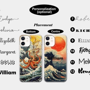 Puede incluir: Dos fundas transparentes para tel&eacute;fono con un dise&ntilde;o de olas japonesas. Una funda presenta un sol rojo y la otra un pulpo y un barco. Las fundas est&aacute;n disponibles con una variedad de nombres impresos en ellas.