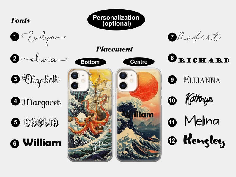 Puede incluir: Dos fundas transparentes para tel&eacute;fono con un dise&ntilde;o de olas japonesas. Una funda presenta un sol rojo y la otra un pulpo y un barco. Las fundas est&aacute;n disponibles con una variedad de nombres impresos en ellas.