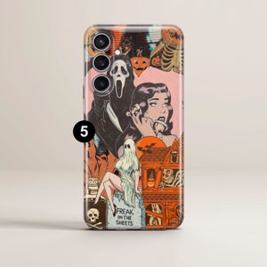 May include: A phone case with a collage of Halloween-themed images, including a ghost, a house, a pumpkin, and a character from a horror movie. The text "Freak in the Sheets" is printed on the case.