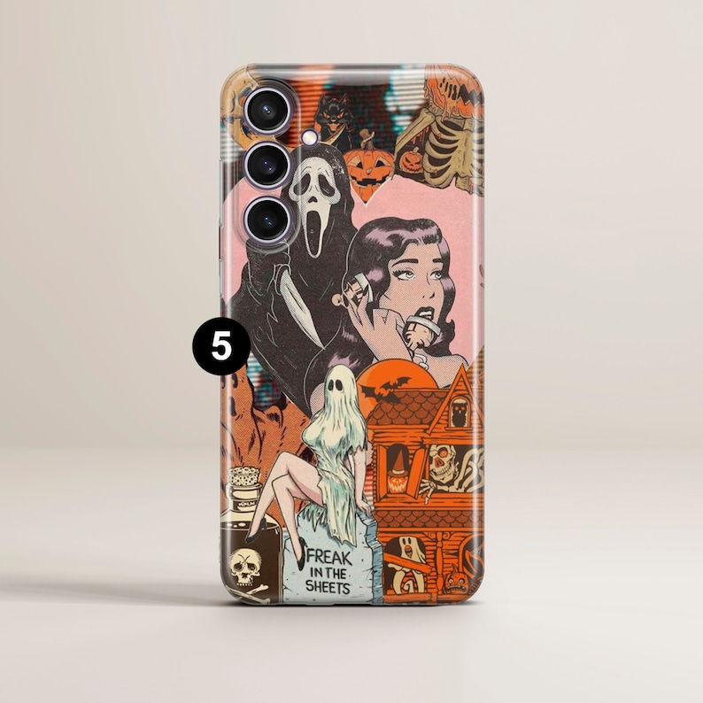 May include: A phone case with a collage of Halloween-themed images, including a ghost, a house, a pumpkin, and a character from a horror movie. The text "Freak in the Sheets" is printed on the case.