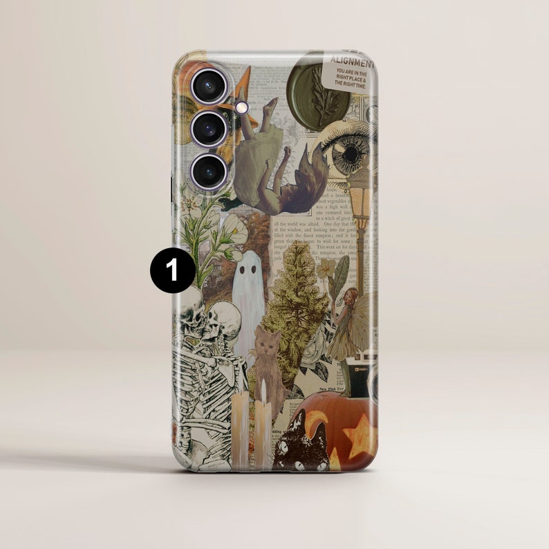 May include: A phone case with a collage of images, including a skeleton, a ghost, a cat, a pumpkin, and a fairy. The text "You are in the right place at the right time" is visible on the case.
