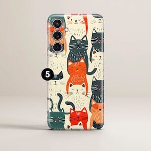 May include: A phone case with a white background and a repeating pattern of colorful cats. The cats are in various poses and have different expressions. The case has a camera cutout and a black border.