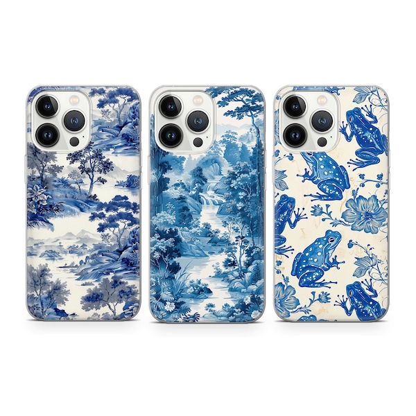 Blue China Phone case Toile Landscape cover fit for iPhone 15 Pro Max, 14, 13, 12, 11, XR, XS Samsung S24, S23, S22 Fe, A14, A15, A53, A32