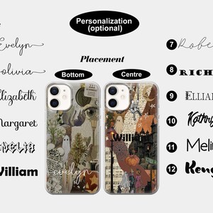 May include: Two clear phone cases with a Halloween theme. The case on the left has a collage of images including a ghost, a cat, a lamppost, and a skull. The case on the right has a collage of images including a ghost, a pumpkin, a castle, and a spider web. The text "evelyn" is written on the bottom of the case on the left. The text "Willis" is written on the case on the right.