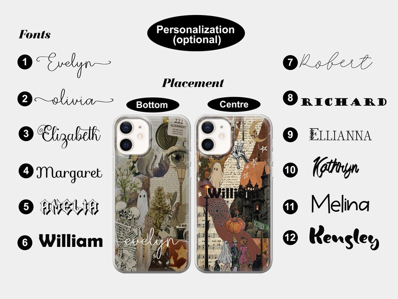 May include: Two clear phone cases with a Halloween theme. The case on the left has a collage of images including a ghost, a cat, a lamppost, and a skull. The case on the right has a collage of images including a ghost, a pumpkin, a castle, and a spider web. The text "evelyn" is written on the bottom of the case on the left. The text "Willis" is written on the case on the right.