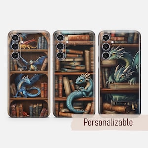 May include: Three phone cases with dragon and bookshelf designs. Each case features a different dragon, with varying colors and poses, set against a backdrop of a detailed bookshelf filled with books. The text "Personalizable" is visible.