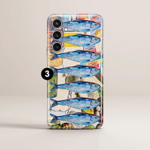 May include: A smartphone case with a collage design featuring sardines. The case has a repeating pattern of blue fish with red accents, and the word "Sardines" is visible on some of the labels.