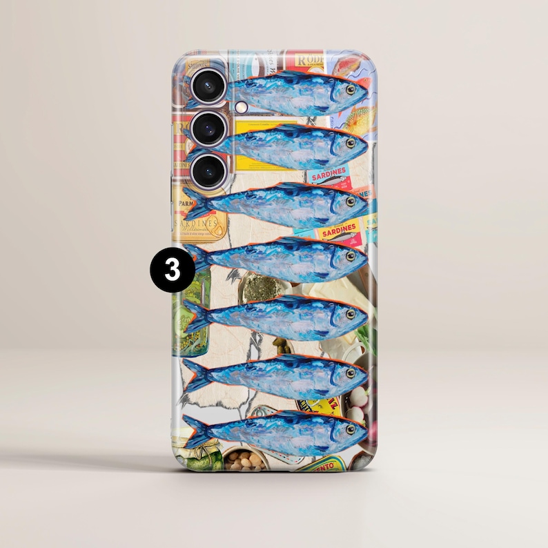 May include: A smartphone case with a collage design featuring sardines. The case has a repeating pattern of blue fish with red accents, and the word "Sardines" is visible on some of the labels.