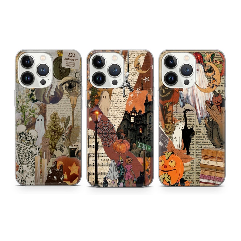 May include: Three iPhone cases with a Halloween theme. Each case features a collage of vintage images, including a ghost, a skeleton, a cat, a pumpkin, and a haunted house. The cases are all clear and have a white border.